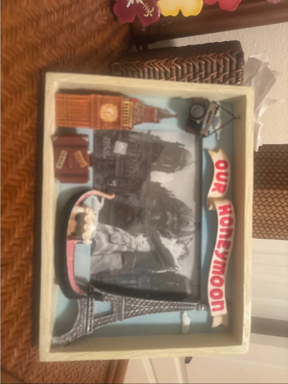 Our Honeymoon Decorative Shadow Box - Blue and Pink Travel Themed Home Accent